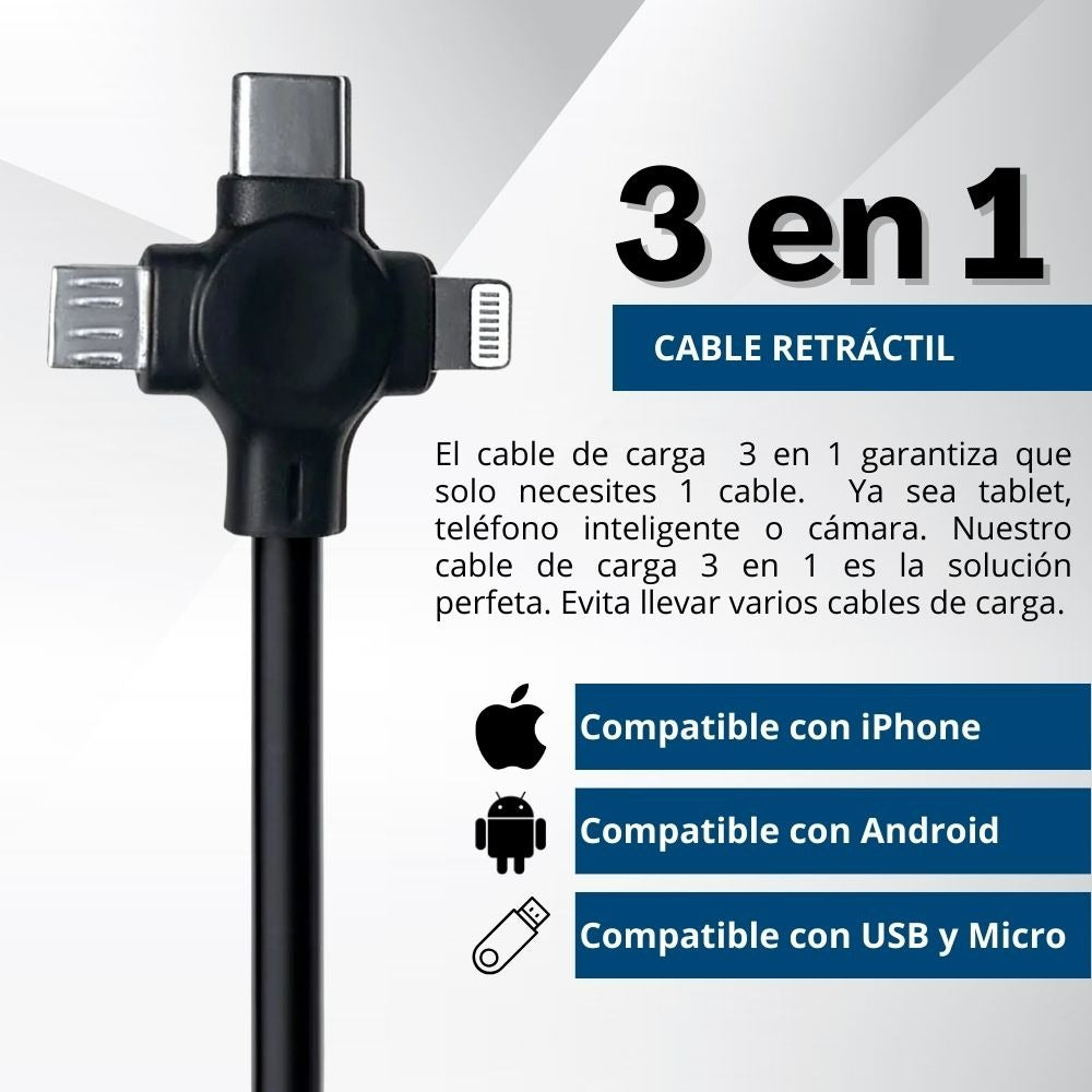 Cable USB Retráctil | 3 en 1 | 2 Piezas | Carga Múltiple