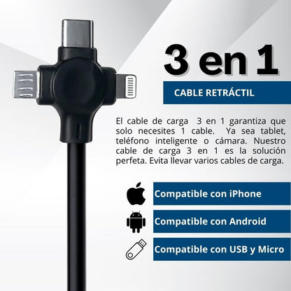 Cable USB Retráctil | 3 en 1 | 2 Piezas | Carga Múltiple