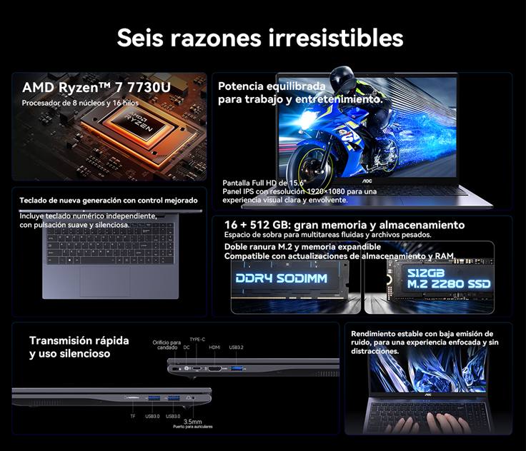 LAPTOP AOC AP15PRO AMD RYZEN 7 7730U 16GB RAM, 512 GB SSD, 15.6" WINDOWS 11