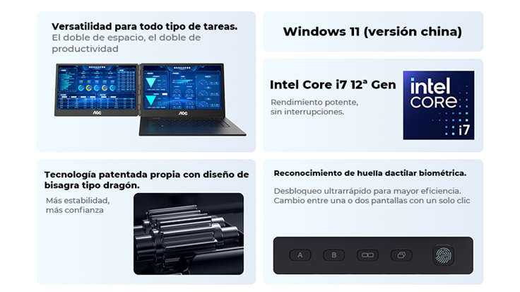 LAPTOP AOC INTEL CORE i7-1255U 16GB RAM, 1TB SSD, 14" CADA UNA (2 PANTALLAS), WINDOWS 11