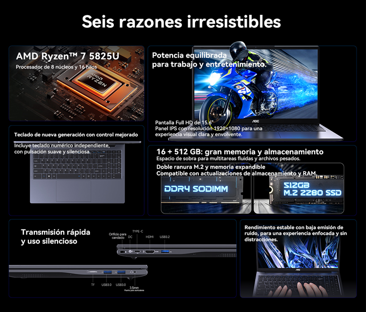 LAPTOP AOC AP15PRO AMD RYZEN 7 5825U 16 GB RAM, 512GB SSD, 15.6", WINDOWS 11