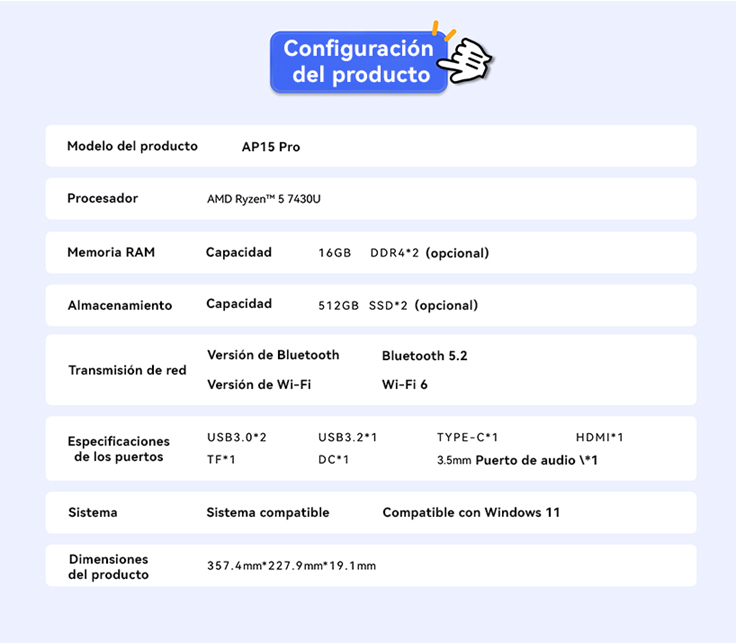 LAPTOP AOC AP15PRO AMD RYZEN 7 7730U 16GB RAM, 512 GB SSD, 15.6" WINDOWS 11