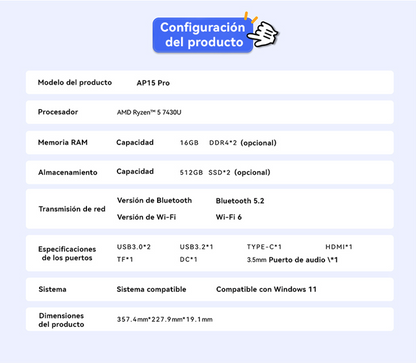 LAPTOP AOC AP15PRO AMD RYZEN 7 7730U 16GB RAM, 512 GB SSD, 15.6" WINDOWS 11