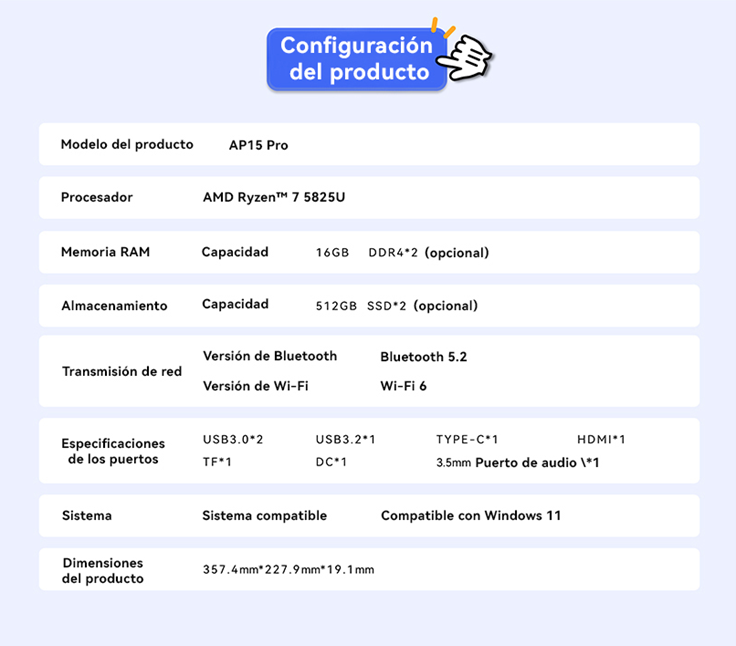 LAPTOP AOC AP15PRO AMD RYZEN 7 5825U 16 GB RAM, 512GB SSD, 15.6", WINDOWS 11