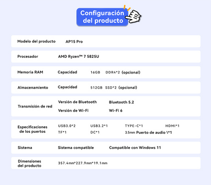 LAPTOP AOC AP15PRO AMD RYZEN 7 5825U 16 GB RAM, 512GB SSD, 15.6", WINDOWS 11