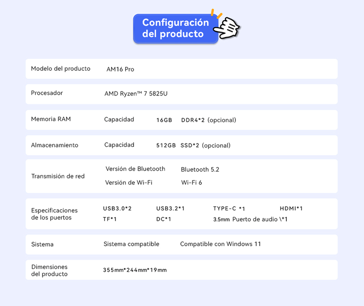 LAPTOP AOC AM16PRO AMD RYZEN 7 5825U 16GB RAM, 512GB SSD, 16" WINDOWS 11,