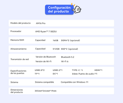 LAPTOP AOC AM16PRO AMD RYZEN 7 5825U 16GB RAM, 512GB SSD, 16" WINDOWS 11,