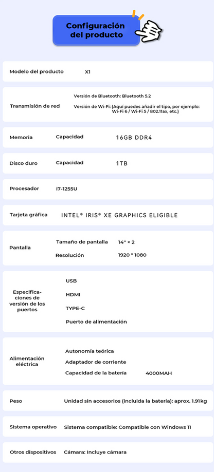 LAPTOP AOC INTEL CORE i7-1255U 16GB RAM, 1TB SSD, 14" CADA UNA (2 PANTALLAS), WINDOWS 11