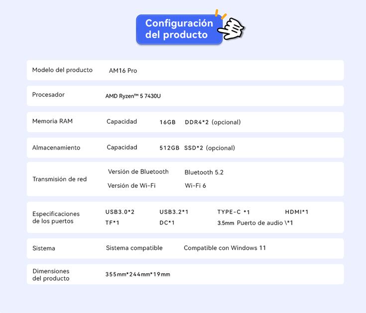 LAPTOP AOC AM16PRO AMD RYZEN 7 7430U 16GB RAM, 512GB SSD, 15.6" WINDOWS 11