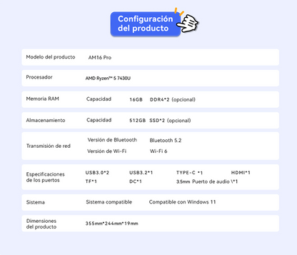 LAPTOP AOC AM16PRO AMD RYZEN 7 7430U 16GB RAM, 512GB SSD, 15.6" WINDOWS 11