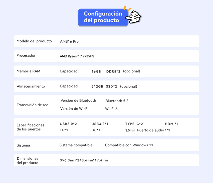 LAPTOP AOC AMS16 AMD RYZEN 7 7735HS 16GB RAM, 512GB SSD, 16" WINDOWS 11