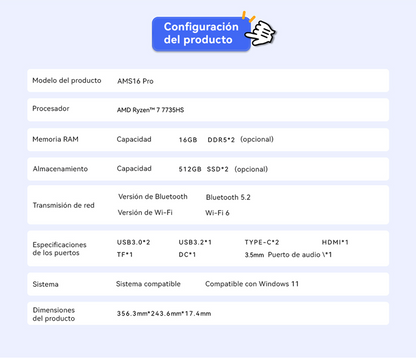 LAPTOP AOC AMS16 AMD RYZEN 7 7735HS 16GB RAM, 512GB SSD, 16" WINDOWS 11